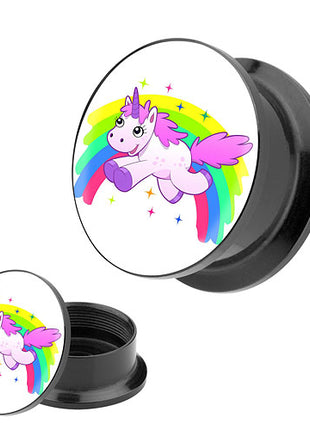 Picture Ohr Tunnel Gewinde Plug  Motiv über Regenbogen springendes Einhorn