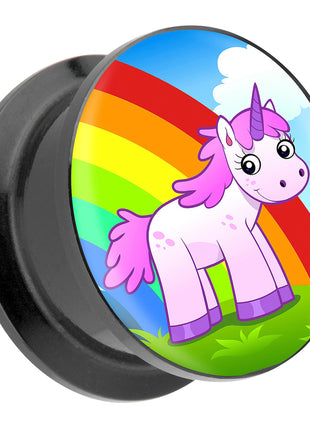 Picture Ohr Tunnel Gewinde Plug  Motiv Einhorn mit Regenbogen