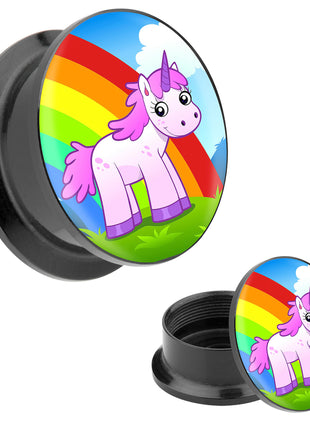 Picture Ohr Tunnel Gewinde Plug  Motiv Einhorn mit Regenbogen