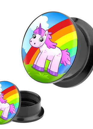 Picture Ohr Tunnel Gewinde Plug  Motiv Einhorn mit Regenbogen