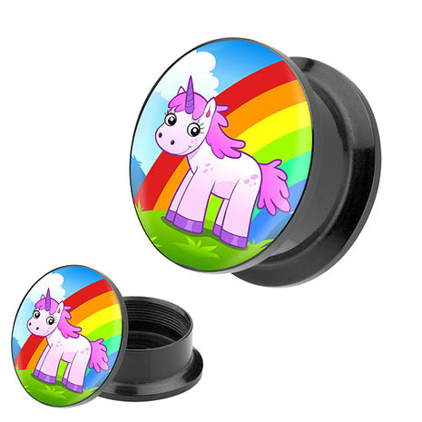 Picture Ohr Tunnel Gewinde Plug  Motiv Einhorn mit Regenbogen