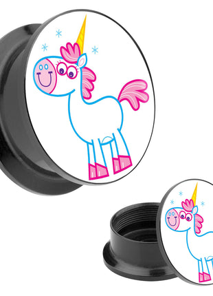 Picture Ear Tunnel Thread Plug Motif Cute Unicorn with Magic Horn 