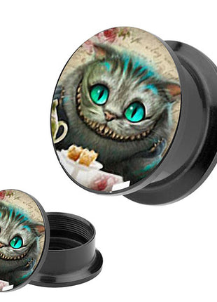 Picture Ohr Tunnel Gewinde  Plug Piercing mit Motiv Wunderland Grinsekatze