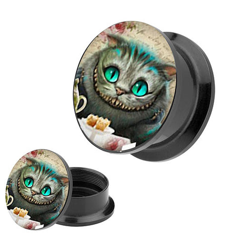 Picture Ohr Tunnel Gewinde  Plug Piercing mit Motiv Wunderland Grinsekatze