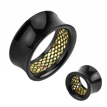 Flesh Tunnel Plug Double Flared Gold Rainbow Glitter Inlay