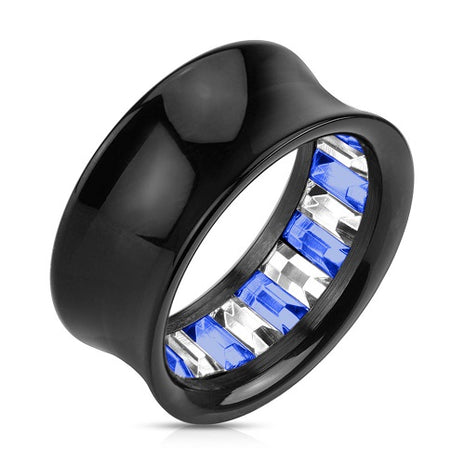 Flesh Tunnel Princess Cut Kristall Inlay Blau