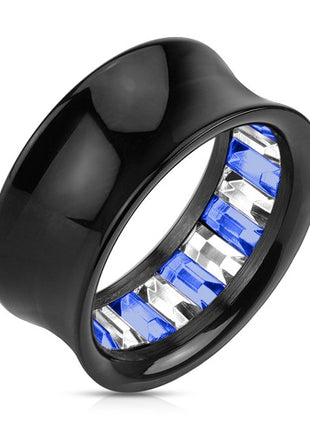 Flesh Tunnel Princess Cut Kristall Inlay Blau