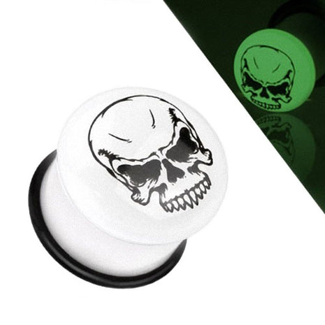 Flesh Tunnel Totenkopf Single Flared Weiß Glow in the Dark