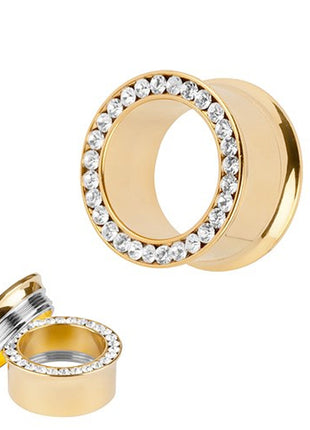 Flesh Ear Crystal Tunnel Gold Plated Double Flared 