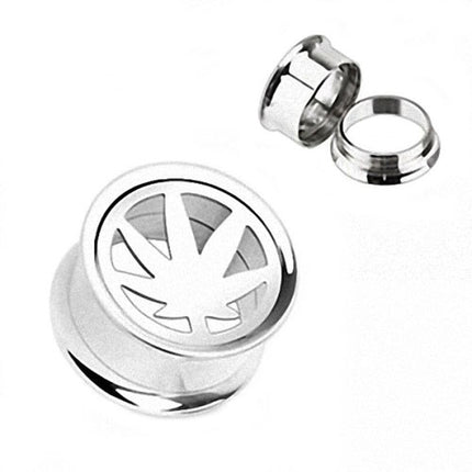 Flesh Ohr Tunnel Edelstahl Silber Hanfblatt