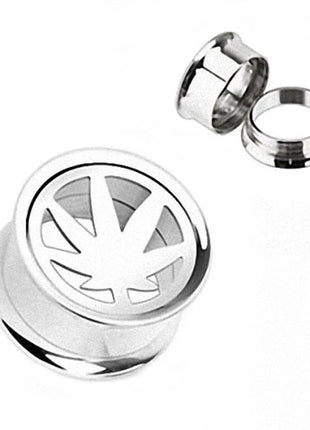 Flesh Ear Tunnel Stainless Steel Silver Hemp Leaf 