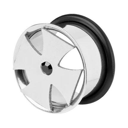 Flesh Tunnel Single Flared Eisernes Kreuz mit Kristall Inlay