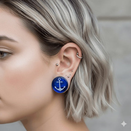 Glas Plug Ohr Tunnel Blau mit Anker Maritim