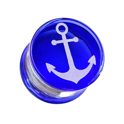 Glas Plug Ohr Tunnel Blau mit Anker Maritim