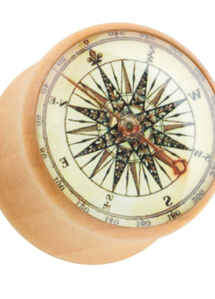 Ear Tunnel Plug Wood Brown with Antique Compass 