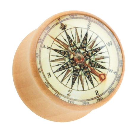 Ear Tunnel Plug Wood Brown with Antique Compass 