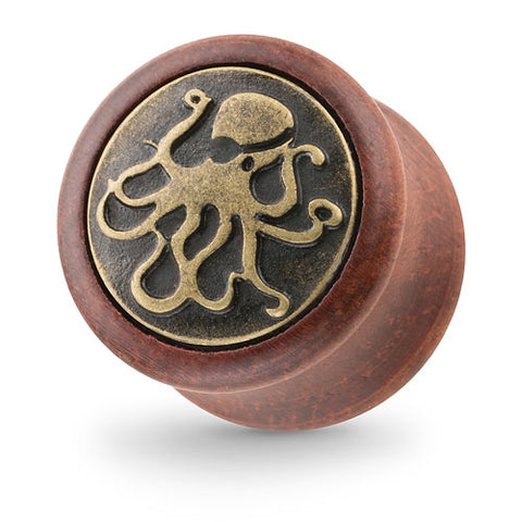 Organischer Holz Ohr Plug Braun mit Octopus Krake