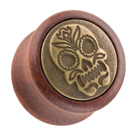 Organic Wood Ear Plug Brown with Mexican Skull 