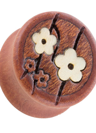 Wooden Plug Ear Tunnel Brown with Cherry Blossoms 