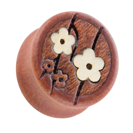 Wooden Plug Ear Tunnel Brown with Cherry Blossoms 