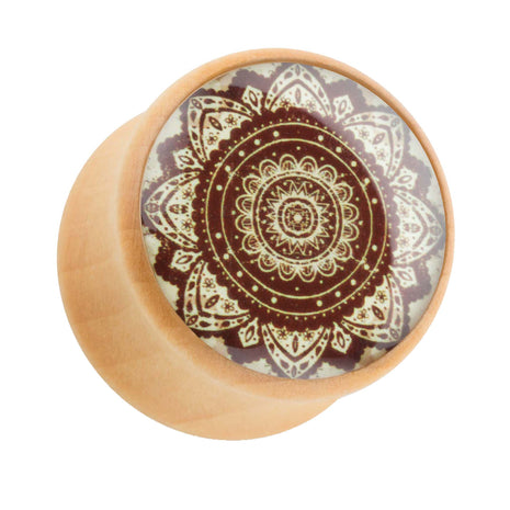 Ear Tunnel Plug Wood Brown with Orient Mandala Flower 