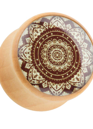 Ear Tunnel Plug Wood Brown with Orient Mandala Flower 