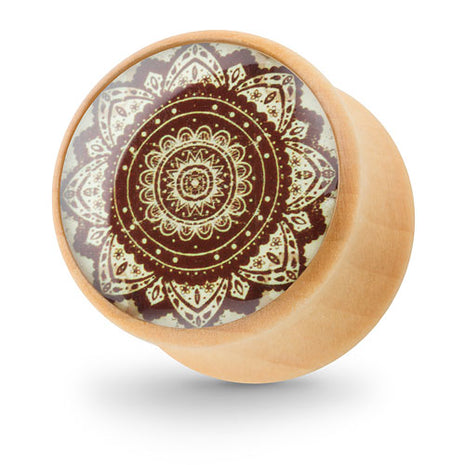 Ohr Tunnel Plug Holz Braun mit Orient Mandala Blume