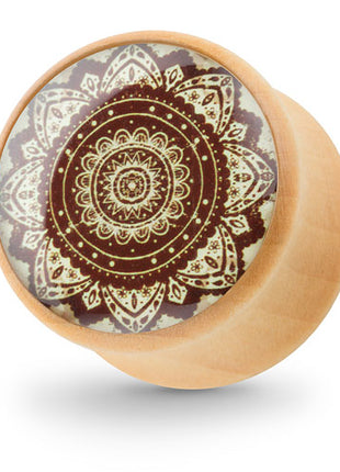 Ohr Tunnel Plug Holz Braun mit Orient Mandala Blume