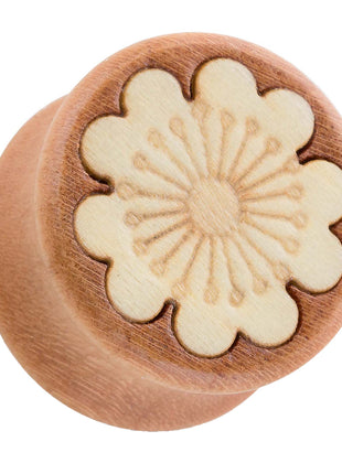 Wooden Plug Ear Tunnel Brown with Flower 