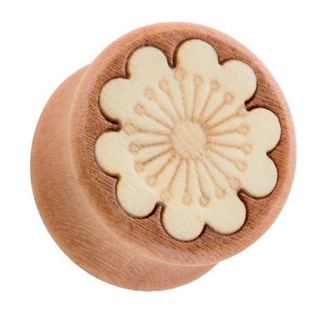 Wooden Plug Ear Tunnel Brown with Flower 