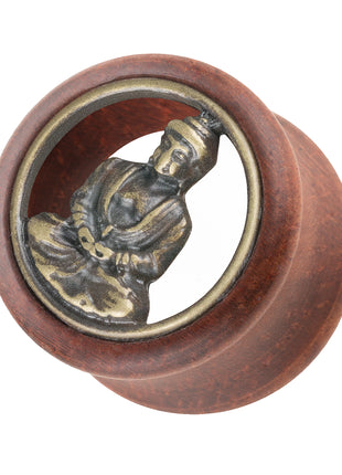 Ear Tunnel Double Flared made of wood with Buddha sign inlay 