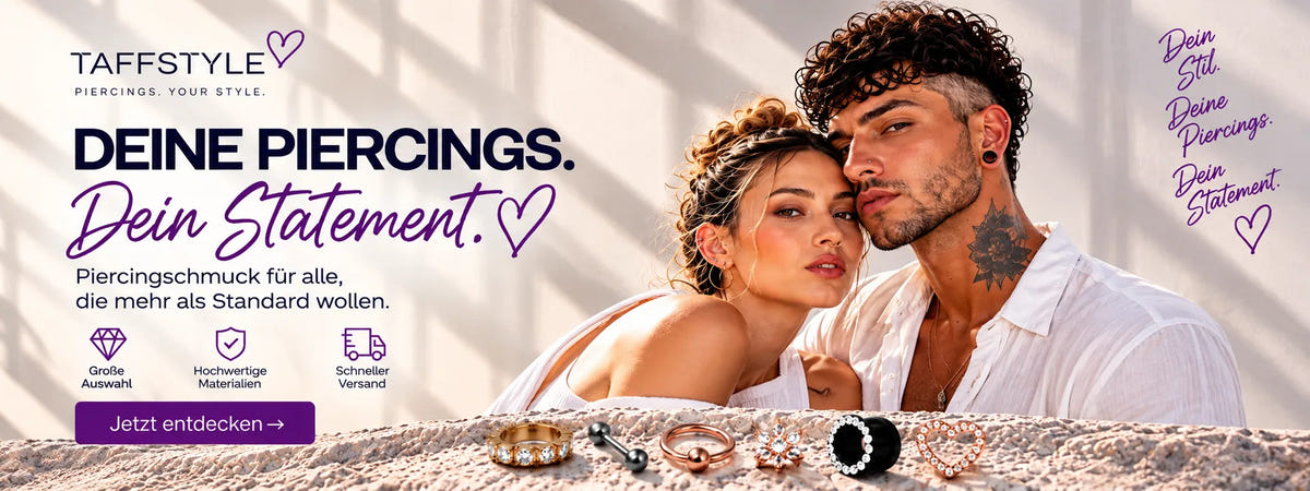 Zwei Models mit Piercings und Schmuck im Taffstyle-Startseitenbanner „Deine Piercings. Dein Statement.“