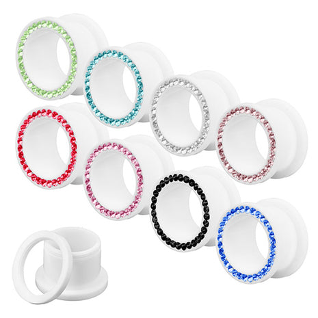 Flesh Ear Tunnel Piercing White with colored crystals 