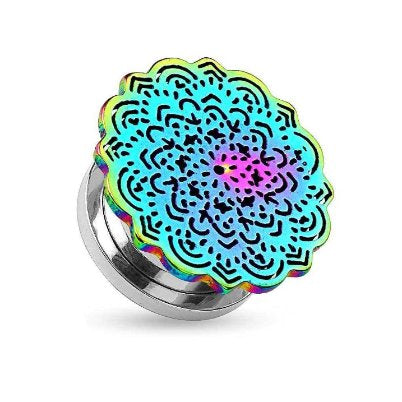 Flesh Schraub Ohr Tunnel Plug Tribal Blume Rainbow