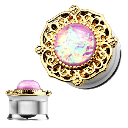 Flesh Ohr Plug Tunnel Tribal vergoldet mit Opal Pink