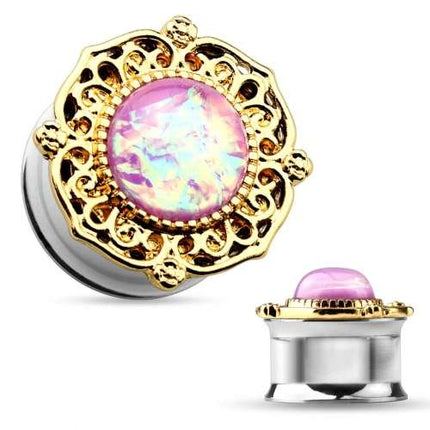 Flesh Ohr Plug Tunnel Tribal vergoldet mit Opal Pink
