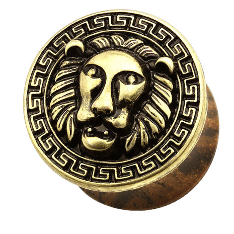 Wooden Tunnel Ear Plug Lion Antique Gold Plated 