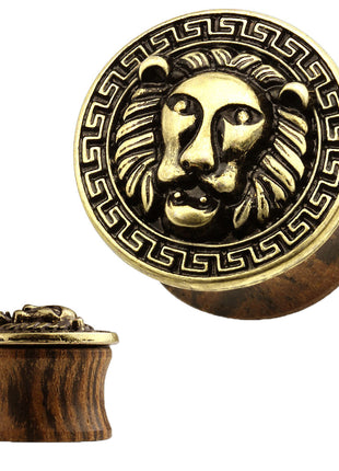 Wooden Tunnel Ear Plug Lion Antique Gold Plated 