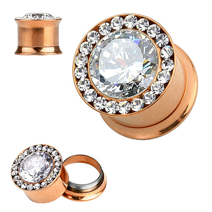 Ohr Tunnel Piercing Plug Rosegold vergoldet Multi Kristalle