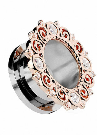 Flesh Tunnel Vintage with Crystals Edge Rose Gold IP 