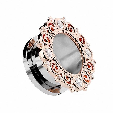 Flesh Tunnel Vintage with Crystals Edge Rose Gold IP 