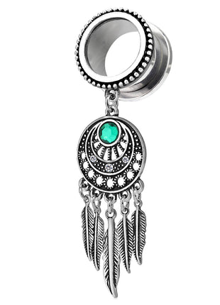 Flesh Ear Tunnel with Dreamcatcher Feather Pendant Crystal Turquoise 