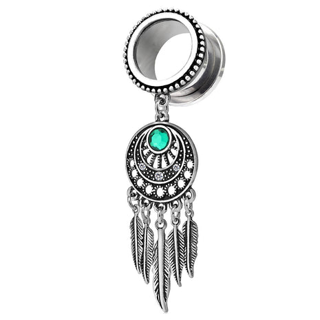 Flesh Ear Tunnel with Dreamcatcher Feather Pendant Crystal Turquoise 