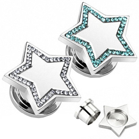 Flesh Ear Plug Stainless Steel Star Multi Crystal 