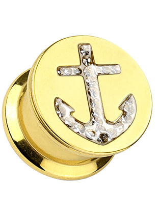 Ear Tunnel Plug Gold Plated Anchor Crystal Inlay 