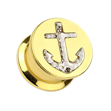 Ear Tunnel Plug Gold Plated Anchor Crystal Inlay 