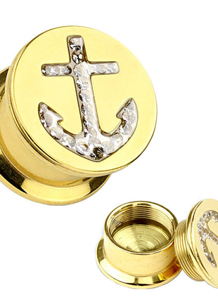 Ear Tunnel Plug Gold Plated Anchor Crystal Inlay 