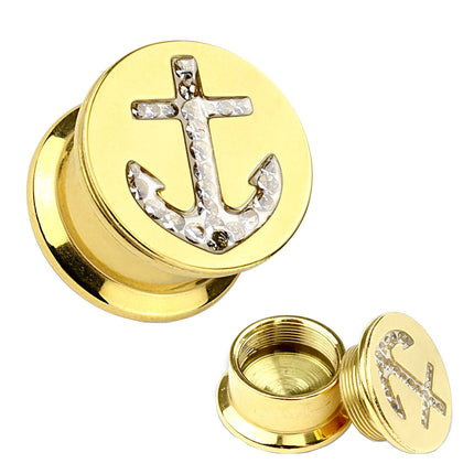 Ohr Tunnel Plug vergoldet Anker Kristall Inlay