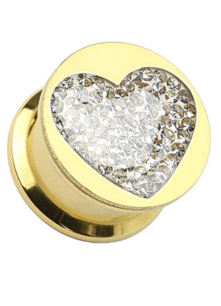 Ear Tunnel Plug Gold Plated Heart Crystal Inlay 