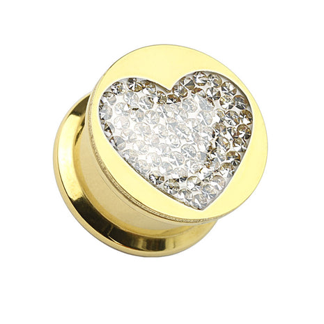 Ear Tunnel Plug Gold Plated Heart Crystal Inlay 